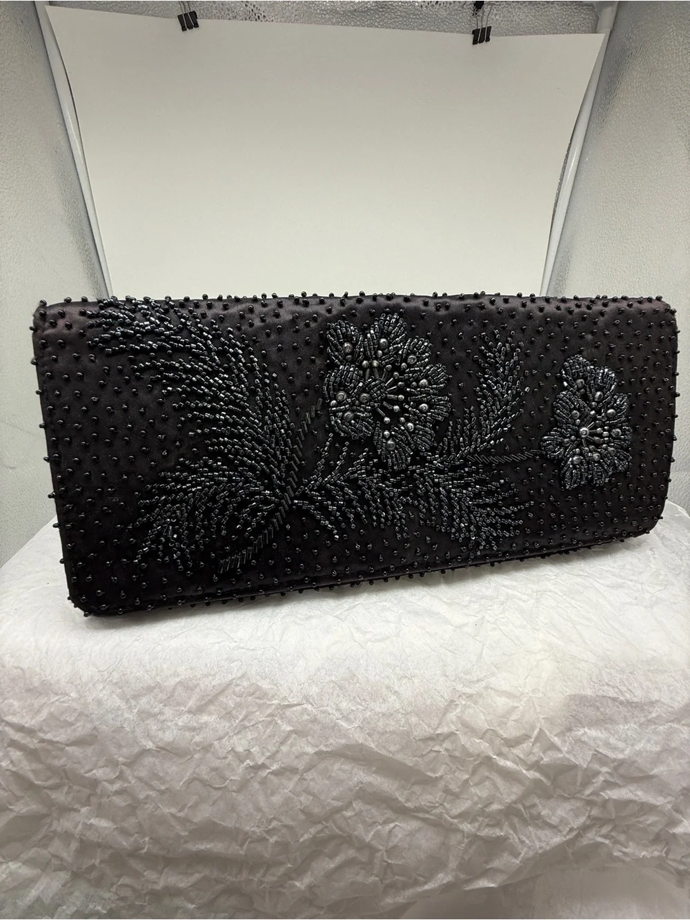 La Regale Black Beaded Floral Evening Clutch